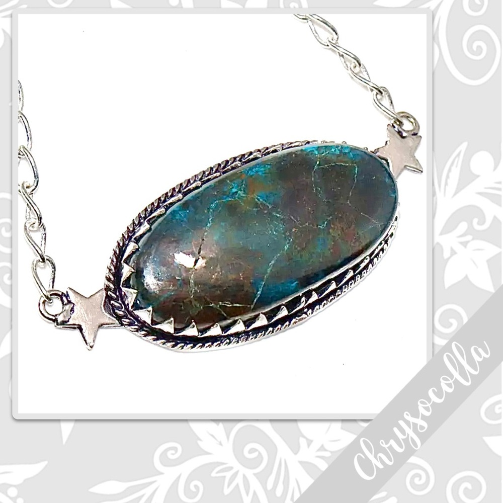 Chrysocolla Large Southwest Style Silver Artisan Necklace, 18” (Blue, Green)